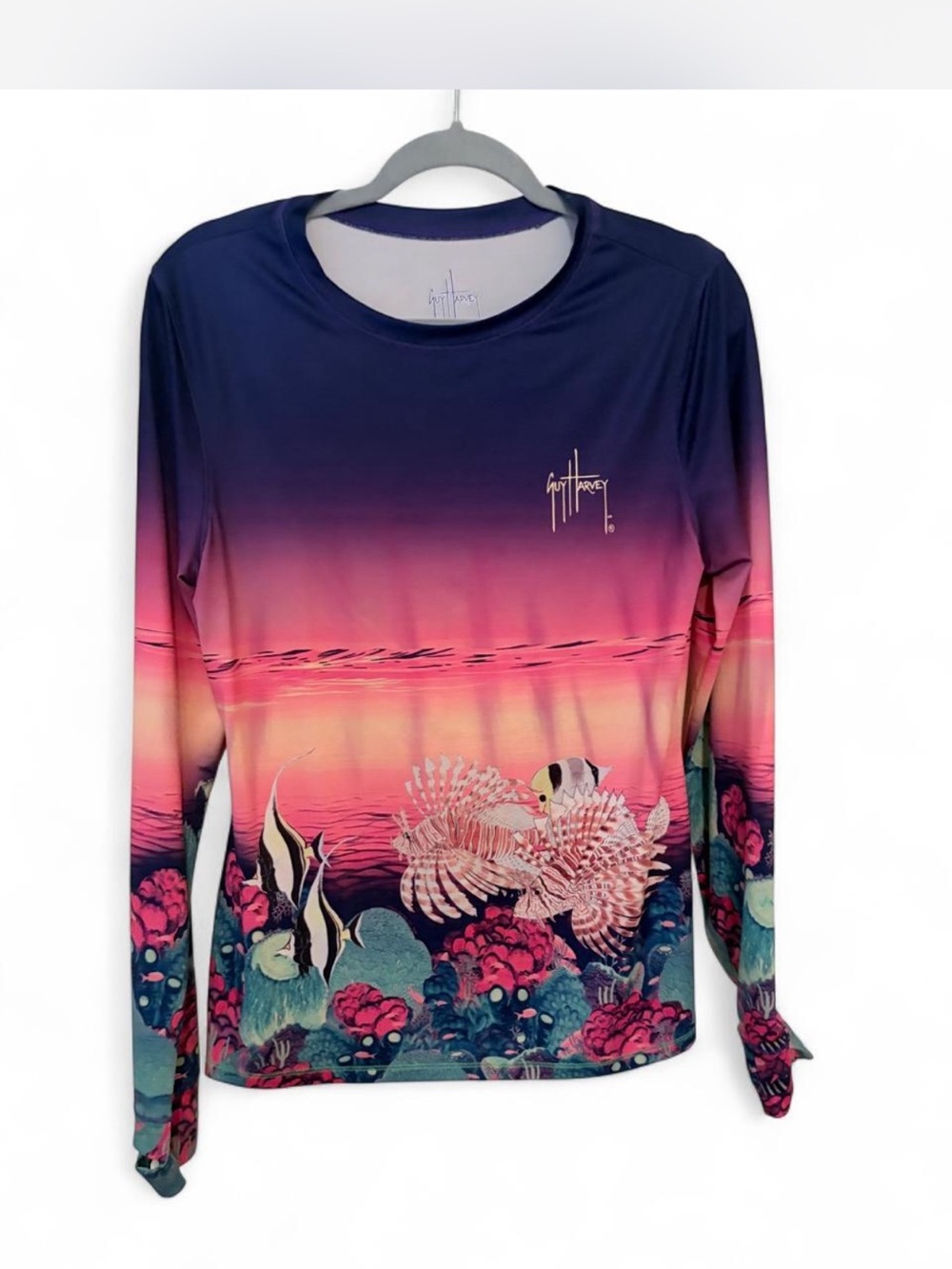 Guy Harvey Women's Long Sleeve Swim Top - Navy to Pink Gradient with Coral Print